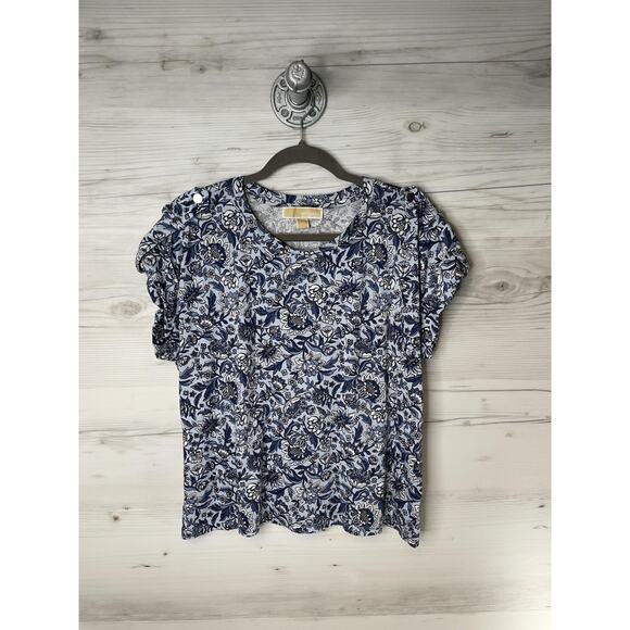 Michael Michael Kors Shirt Womens Large Blue White Floral Short Sleeve Crewneck - Picture 1 of 8